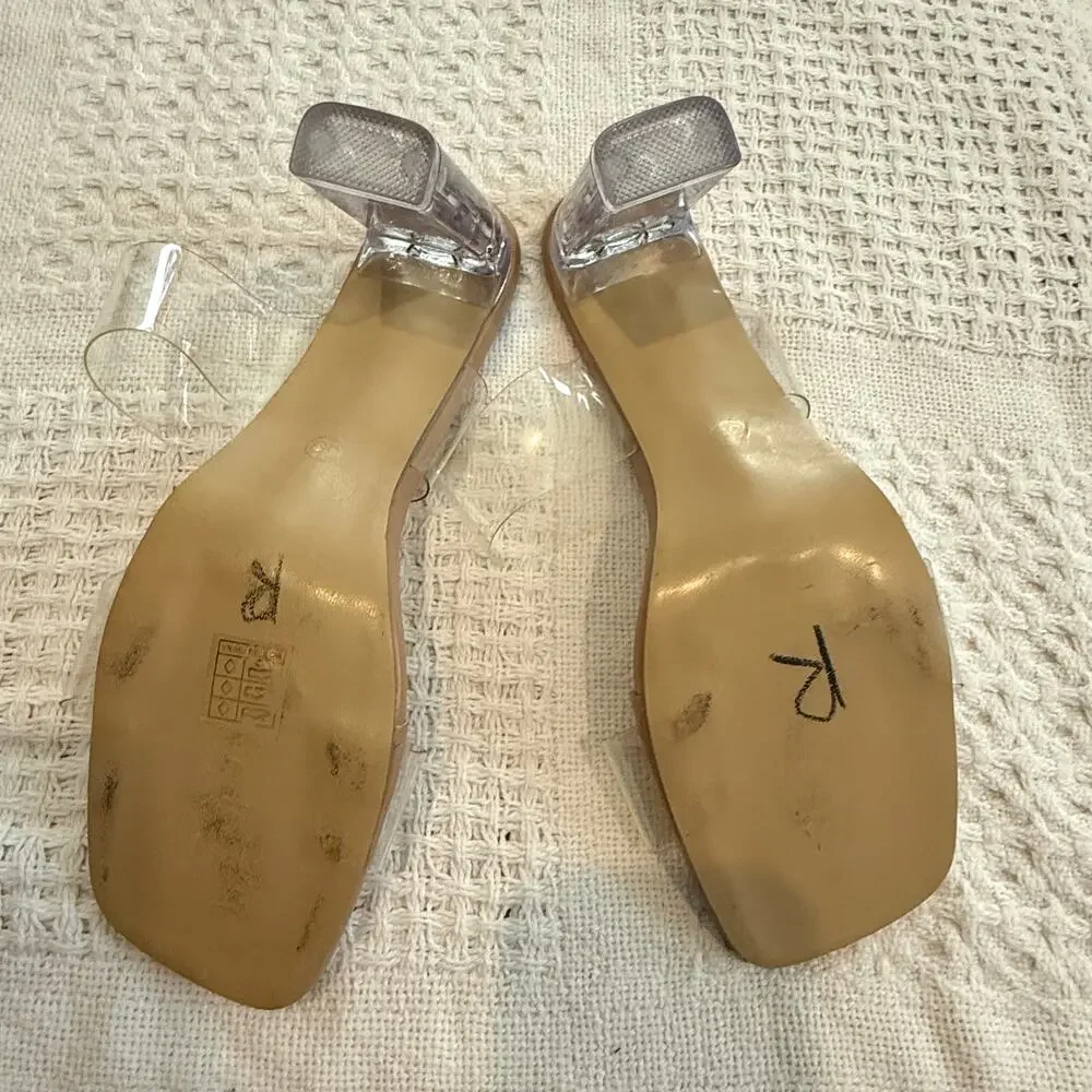 women's 39 rubber clear double strap square toe heels sandal 3089